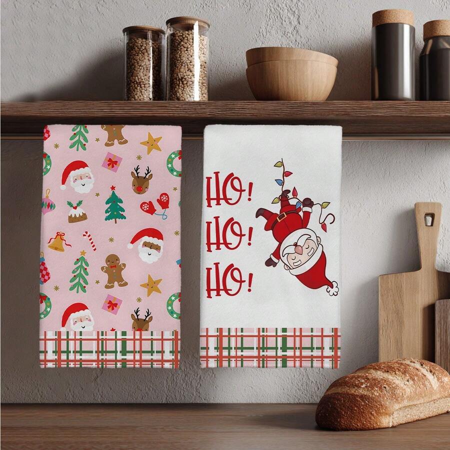2 Stück Weihnachtsmann, Weihnachtsbaum, Kranz, Weihnachtsstrümpfe, Handschuhe, Rentier, Glocken, Sterne bedruckte Küchentücher, Geschirrtücher, Handtücher, Geschirrtücher, Heimdekoration, Küchendekoration, Kochen, Backen, Geschirrtücher, Reinigungsbedarf, geeignet für Restaurant, Küche, Feiertags-Dekoration und Geschenke, ganzjährig