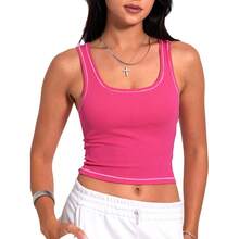 Women Rib Tank Top Padded Workout Top Square Neck Crop Tank Fitted Basic Cami Tops - Hot Pink - View 1