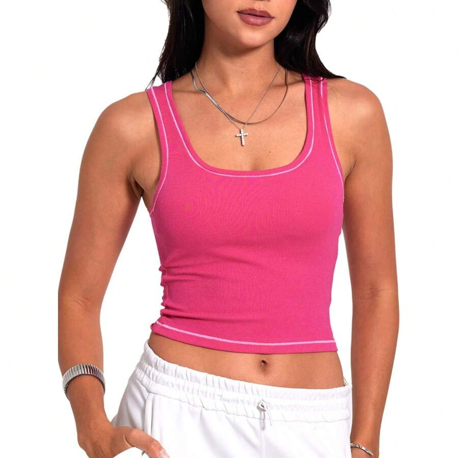 Women Rib Tank Top Padded Workout Top Square Neck Crop Tank Fitted Basic Cami Tops - Hot Pink - View 1