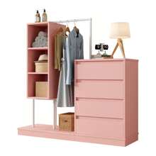 Chest Of Drawers, Wardrobe Set, Pink Wardrobe, Clothes Rail, Dimensions: L140/W40/H135, Pink - Pink - View 8