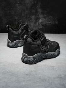 儿童皮革防水防滑时尚休闲毛绒内衬冬靴 - 黑色 - 查看 4