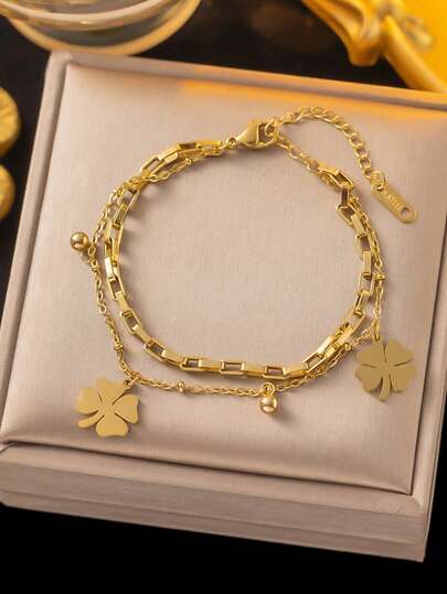 1 件双层四叶草吊坠手链，简约优雅的设计，时尚女士手饰，日常佩戴（OPP 袋包装）