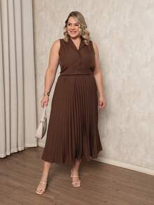 ANLE MODAS Women's Set Pleated Skirt With Elegant Vest Luis Twill Plus Size - Coffee Brown - View 9