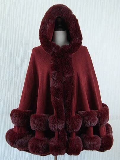 1pc Solid Color Double Layer Faux Fur Hooded Shawl