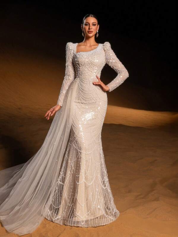 Faeriesty Haute Glamour Architectural Square Neckline Beaded Sequin Mermaid Gown - Structured Long Sleeves With Asymmetrical Side Train - Formal Evening Dresses For Gala Awards, Black-Tie Fundraisers, Luxury Wedding Receptions, Opera Premieres, And VIP Charity Balls