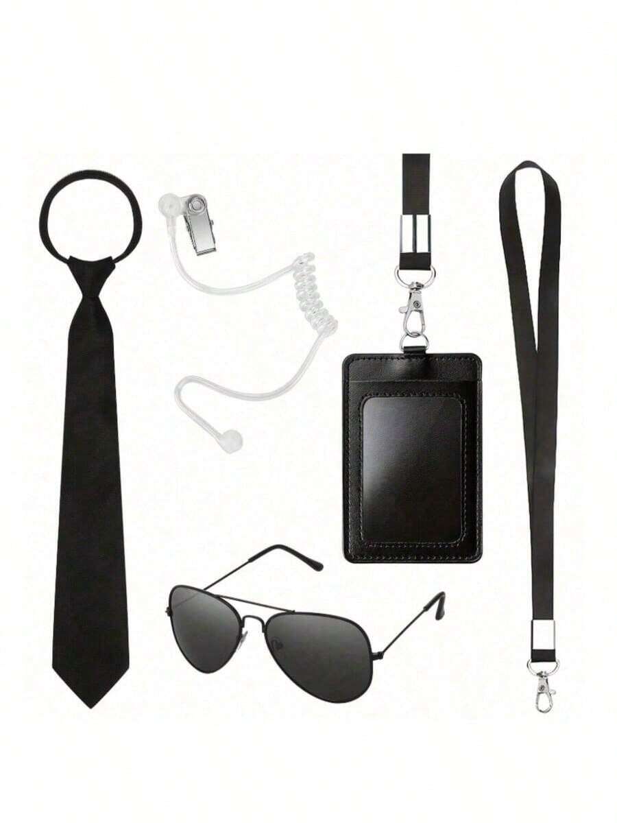 5pcs Agent Clothing Accessory Kit, Adjustable Beautiful Zipper Tie, Black Sunglasses, ID Badge, Prop Headphones, Secret Security Clothing, Bodyguard Clothing, Men's And Boys' Party Role-Playing Game Halloween Costume - Black - View 1