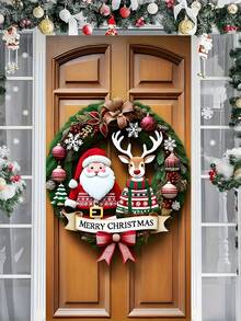1 pezzo Ghirlanda natalizia HEGO in poliestere con Babbo Natale e renne, fiocco rosso per appendere alla porta, decorazione festiva per interni/esterni, senza alimentazione elettrica, ideale per l'ingresso, adatta per porte standard - Multicolore - Visualizzare 4