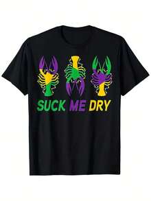 Everyday Comfort| Mardi Gras "Suck Me Dry" Crawfish Print T-Shirt – Short Sleeve, Black With Colorful Lobster Print, Cotton Casual Party Tee, Perfect Holiday Gift For Men & Women, Sizes S-XXXL, Casual Wear Tee| Humorous Graphic Tee| Cotton Comfort Fit - 黑色 - 查看 3