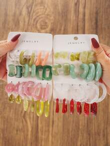 3-24 Pairs Elegant Resin Water Drop C-Shaped Asymmetric Geometric Earrings Set, Fashion Colorful Earrings, Suitable For Women, Party Wear, Perfect Gift For Girlfriend, Mom