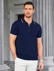 Men's Zipper Polo Shirt Casual Knit Short Sleeve Polo T Shirt Classic Fit Shirts - 藏蓝色 - 查看 2