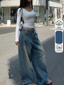 Retro Washed Blue Denim Pants American Design Cowgirl Women's Loose Straight Leg Jeans Casual Chic Wide Leg Mop Trousers Winter Christmas New Year Thanksgiving