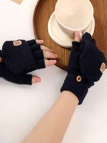 1 Pair Of Winter Warm Knitted And Plush Thick Half Flip Gloves, Touch Screen Riding Student Writing Plush Gloves - Multicolor - View 10