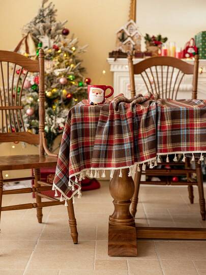 1pc Christmas Plaid Tablecloth, Tassel Decor, Retro Brown-Red Plaid, Brushed Woven Fabric, Rectangular, Washable, Suitable For Coffee Table, Bedside Cabinet, Dining Table Decor, Suitable For Home Kitchen, Party Dinner, Holiday Party Decor, Christmas, New Year, Autumn Decoration