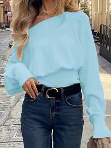 ii Áo len nữ dáng casual vai lệch với thiết kế thời trang, thích hợp cho mùa xuân. - Màu xanh lam - Xem 4