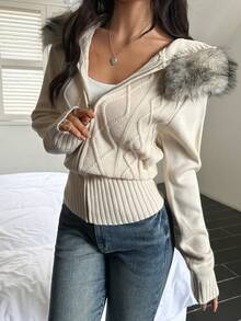 女士Y2K休闲街头通勤纯色拉链连帽拼接羊毛领羊毛开衫外套，适合圣诞节和秋季穿着 - 杏色 - 查看 9