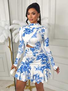 Amarilo Sexy & Elegant Floral Print Hollow Out Mini Dress For Women - Hoa màu xanh trên nền trắng - Xem 2