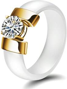 6mm White/Black Ceramic Rings Plus Cubic Zirconia For Women Comfort Fit Engagement Wedding Band Size 5-122025 - Đen và Vàng - Xem 9