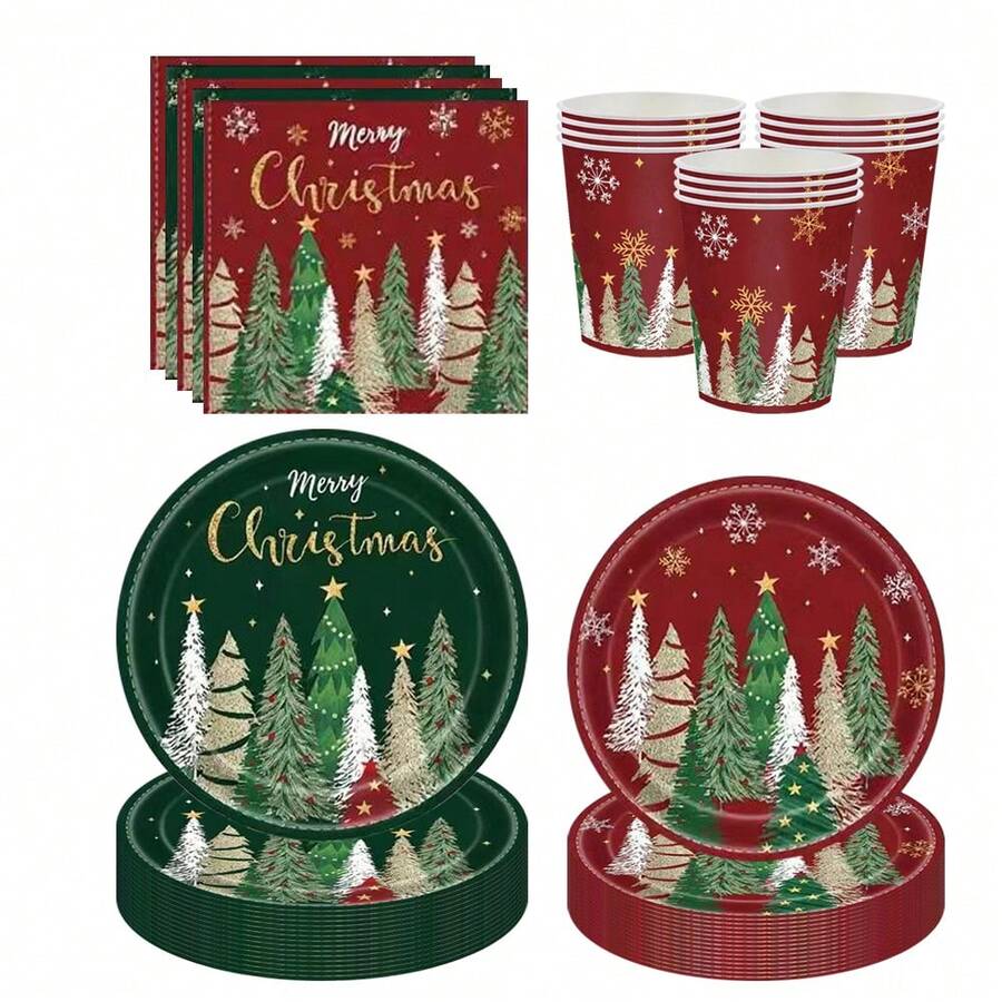 10pcs/20pcs/50pcs/Set,Christmas Party Paper Plate Tableware Suit, Disposable Xmas Party Plates And Napkins For Winter Snowflake Holiday Decoration,Red And Green Christmas Tree Disposable Tableware Including Dessert Plates,Cups And Napkins,Shine Claus Tree Plate For Winter Holidays Xmas Party Supplies - Multicolor - View 1