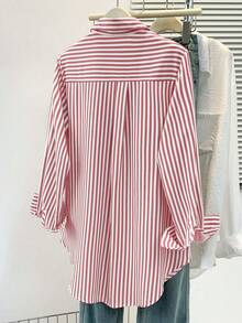 女士休闲基础款条纹尖领长袖衬衫，带纽扣口袋，适合日常办公穿着，秋冬春季皆宜 - 紅色 - 查看 7