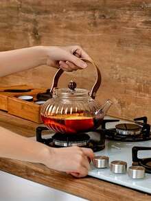 1pc High Heat Resistant Glass Teapot With Filter, Wooden Handle, Thick Glass, Home Use Tea Pot