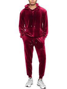 Mens 2 Piece Velour Hoodie Tracksuit Long Sleeve Velvet Hooded Pullover Casual Athletic Jogging Sweatsuit Set-2025 - 紅色 - 查看 1