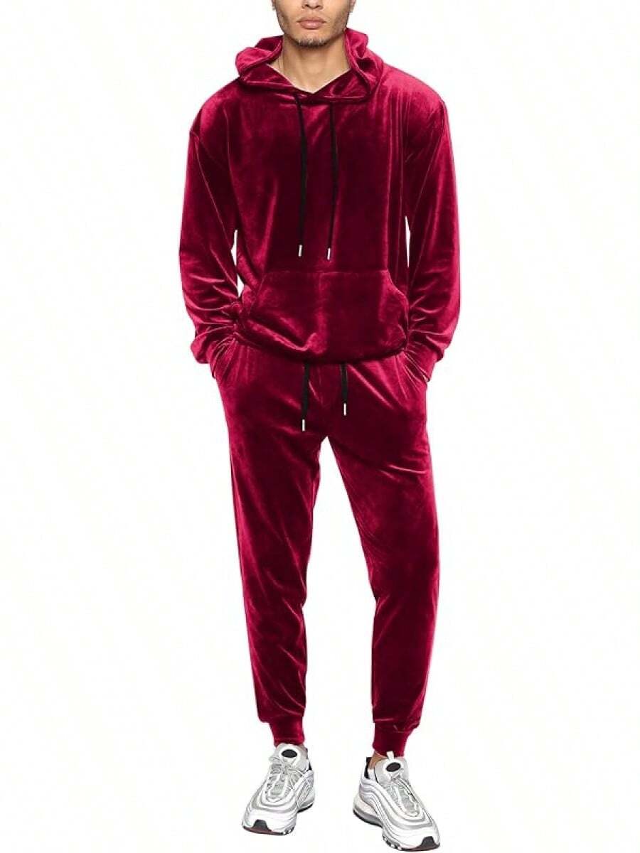 Mens 2 Piece Velour Hoodie Tracksuit Long Sleeve Velvet Hooded Pullover Casual Athletic Jogging Sweatsuit Set-2025 - 紅色 - 查看 1