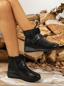 Nowe buty dla mam w dużych rozmiarach, jesień/zima, pluszowe botki do kostki, na obcasie koturnowym, wygodne, ciepłe, antypoślizgowe, czarne