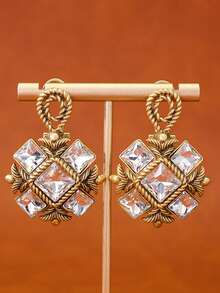 2 chiếc hoa tai nữ màu vàng cổ điển, họa tiết kẻ caro kim cương với thiết kế kết cấu dây thừng, thời trang cổ điển thích hợp cho việc đi lại hàng ngày và tụ tập - Nhiều màu - Xem 1