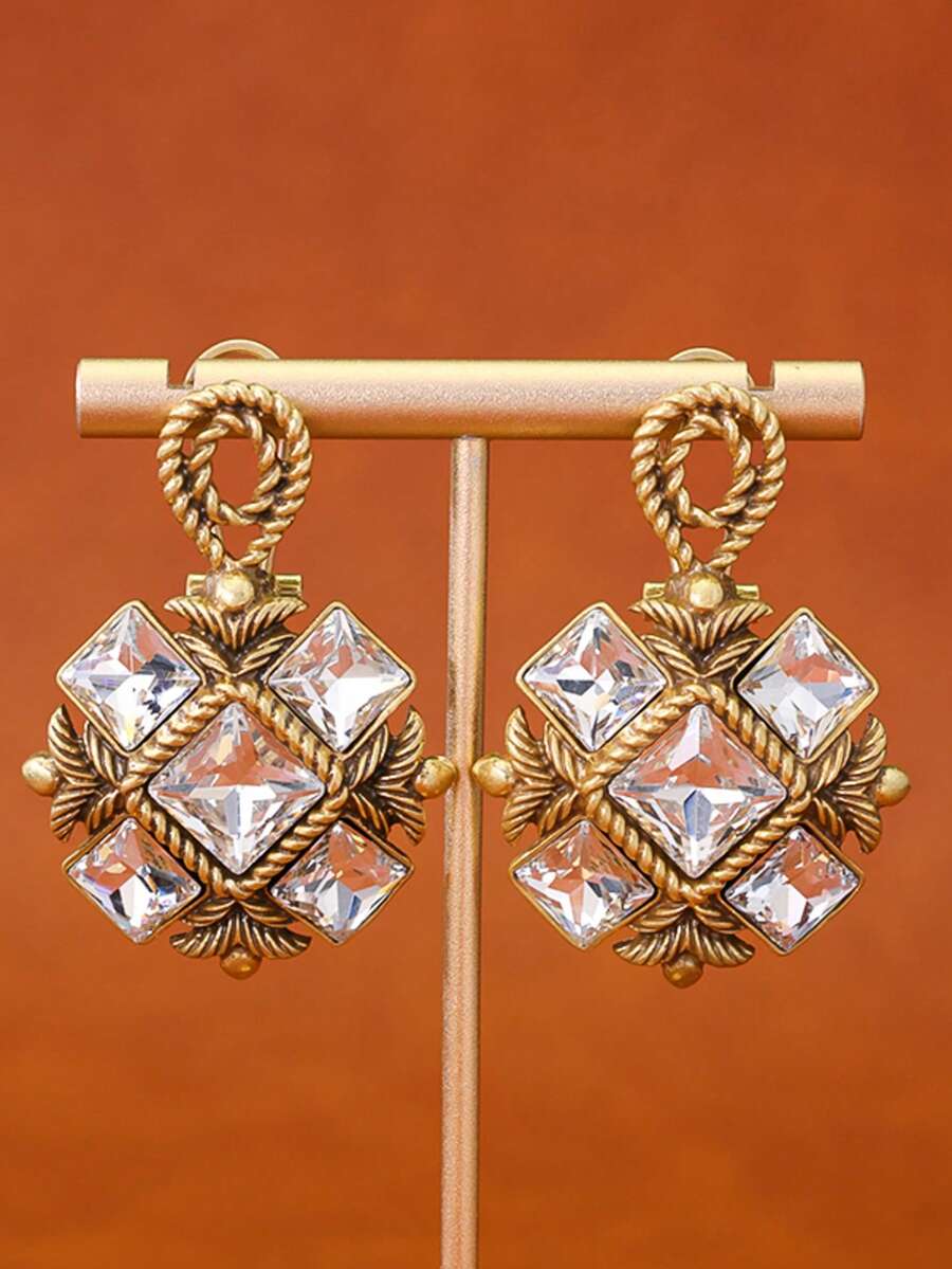 2 chiếc hoa tai nữ màu vàng cổ điển, họa tiết kẻ caro kim cương với thiết kế kết cấu dây thừng, thời trang cổ điển thích hợp cho việc đi lại hàng ngày và tụ tập - Nhiều màu - Xem 1