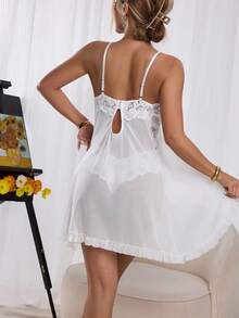 2 件大码女式 V 领蕾丝和网眼拼布吊带背心内衣套装，性感睡衣家居服 - 白色 - 查看 2