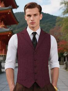Retro Men's Western Cowboy Suit Vest Slim Fit V Neck Suede Leather Dress Vests Vintage Prom Wedding Casual Waistcoat - 酒紅色 - 查看 7