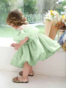 Baby Girls 0-3 Years Old Mint Green Puff Sleeve Bow Tie Elegant Dress, Princess Dress Suitable For 1 Year Old Birthday Party, Wedding Flower Girl, Holiday Celebration - Mint Green - View 7