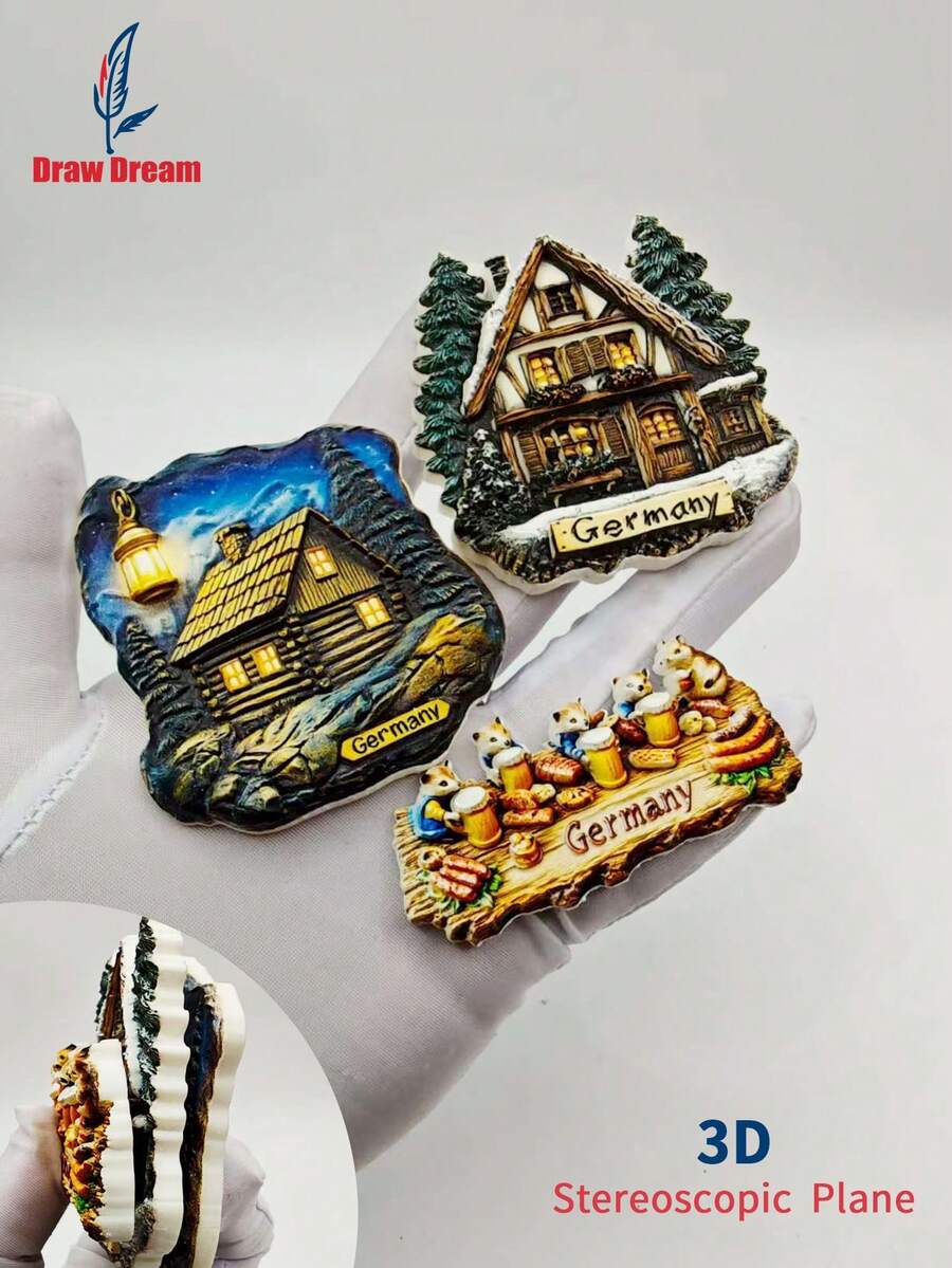 1pc German Style 3D Stereo Fridge Magnet - German Snowy Cabin + Luminous Cabin + Joyful Squirrel Party, High-Precision Embossed Collectible, Personalized Travel Souvenir Fridge Magnet Sticker, Home Decor, Kitchen, Room, Office, Cabinet Craft Gift, Holiday Souvenir, Exquisite Small Gift