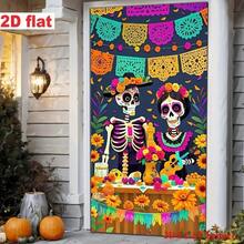 Bandera de fiesta en 2D, material de poliéster, diseño de calavera temática del Día de los Muertos mexicano para colgar en el marco de la puerta, adecuado para decoración de fiestas, arreglo de habitaciones y porches, sin necesidad de electricidad