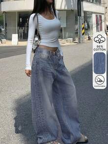 Vintage Washed Blue-Gray Straight Leg Jeans, American Design Loose Casual Wide Leg Dragging Pants For Women Chic Winter Christmas New Year Thanksgiving