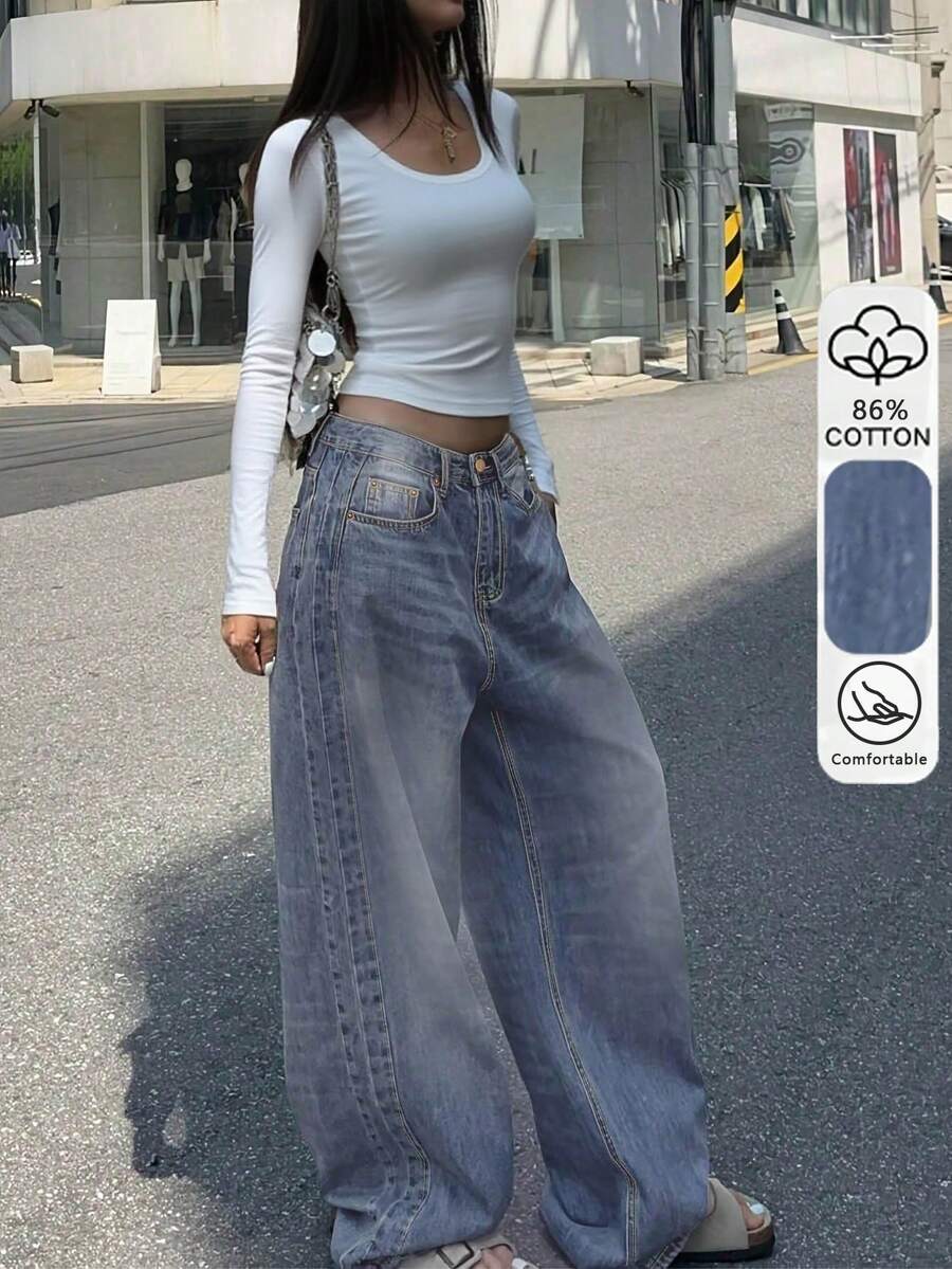 Vintage Washed Blue-Gray Straight Leg Jeans, American Design Loose Casual Wide Leg Dragging Pants For Women Chic Winter Christmas New Year Thanksgiving
