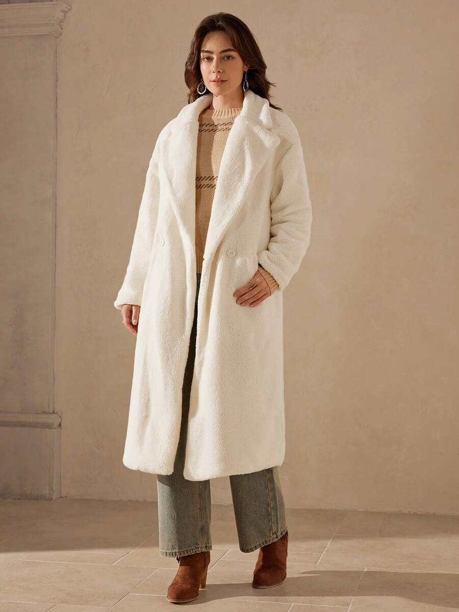 Wildy Lapel Neck Drop Shoulder Teddy Coat For Winter