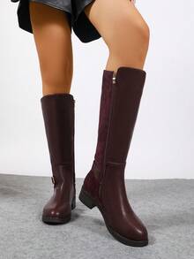 女士新款酒红色仿皮绒面拼接基本款侧拉链设计经典圆头舒适不紧绷高筒修身显腿型保暖内衬秋冬保暖平底时尚马靴/过膝靴，适合秋季、派对等场合 - 酒紅色 - 查看 3