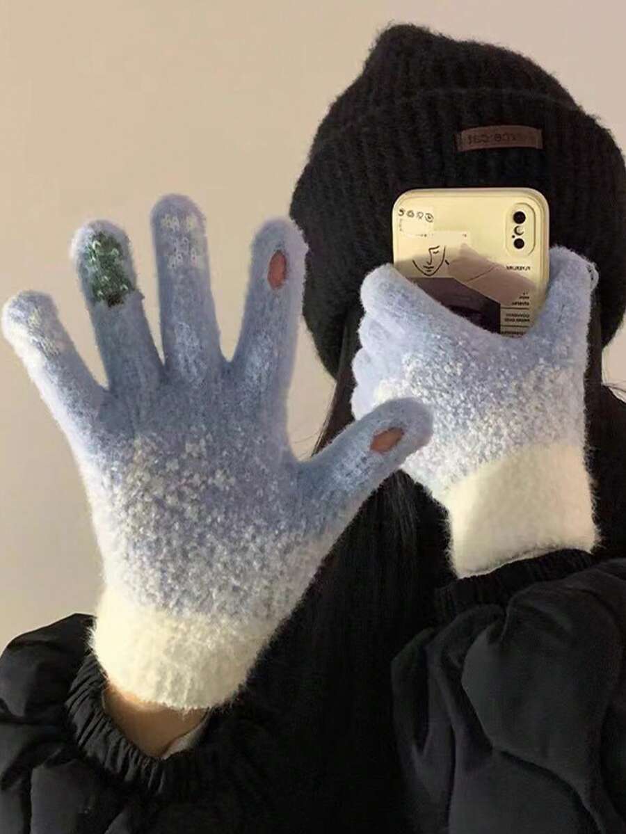 Women's Gloves With Winter Exposed Fingers, Thick And Warm, Cute Student's Anti Cold Yarn, Touch Screen Christmas Tree Gloves