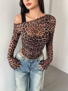 Blusa Assimétrica/Assimétrica de Babados Transparentes com Estampa de Leopardo em Tecido de Malha Elegante e Sexy, Adequada para Noite, Praia, Uso Diário, Todas as Estações, Versátil