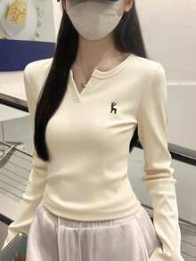 Women's Autumn/Winter Korean Style Half-Collar Slim Fit Embroidered Versatile Long Sleeve T-Shirt Undershirt - Apricot - View 3