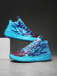 Men's Fashionable Shock-Absorbing Sports Shoes, Graffiti Teenage Basketball Shoes - Comfortable, Breathable, Non-Slip, Shock-Absorbing Sports Shoes Suitable For Training, Running And Walking (Handpainted Uneven, Camouflage Asymmetrical Pattern) - Blue and Purple - View 5