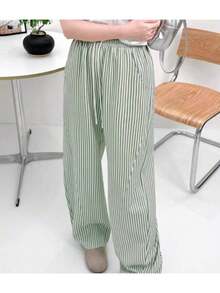 Wide Leg Striped Elastic Palazzo Pants With Pockets - Mint Green - View 2