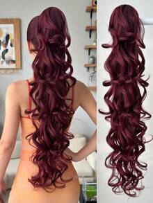 Accessorio per capelli a forma di artiglio per coda di cavallo, colore rosso vino, parrucca sintetica a onde profonde resistente al calore da 28 pollici, adatta per feste di Natale, Ognissanti e uso quotidiano delle donne