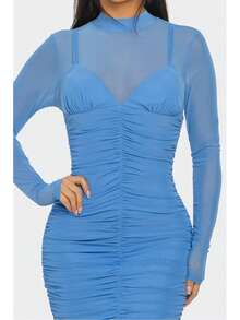 Espresso Mesh Ruched Midi Dress W/ Bra Detail  Plain    Elegant    Ruched  Contrast Mesh  Rib-Knit - Light Blue - View 3