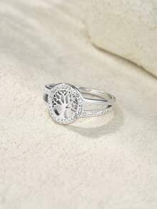 1pc Enamel & Rhinestone Inlaid Tree Of Life Design Stainless Steel Ring, Fashionable & Minimalist Style For Daily Wear - Golden - View 5