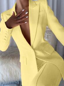 2pcs Solid Color Button Women's Suit Set, Suitable For Office And Daily Wear, All Seasons - 黃色 - 查看 1