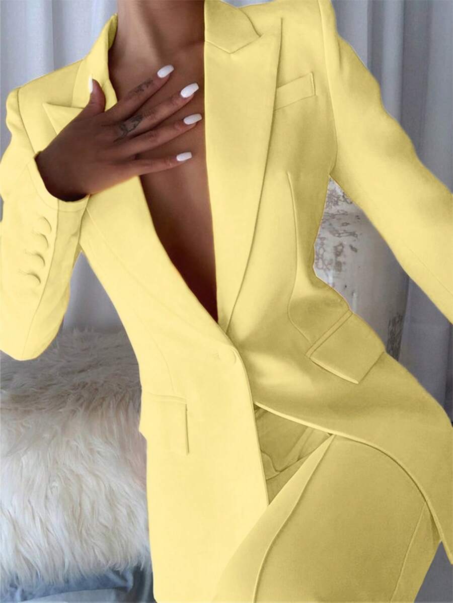2pcs Solid Color Button Women's Suit Set, Suitable For Office And Daily Wear, All Seasons - 黃色 - 查看 1