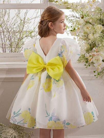 Young Girl Yellow Bow Floral Print Mesh Petal Sleeve Party Dress, Elegant Princess Dress Suitable For Girls Birthday Party, Wedding Flower Girl, Graduation, Holiday Celebration