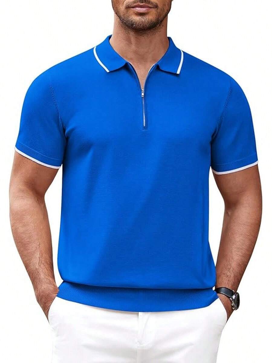Men's Zipper Polo Shirt Casual Knit Short Sleeve Polo T Shirt Classic Fit Shirts - 寶藍色 - 查看 1